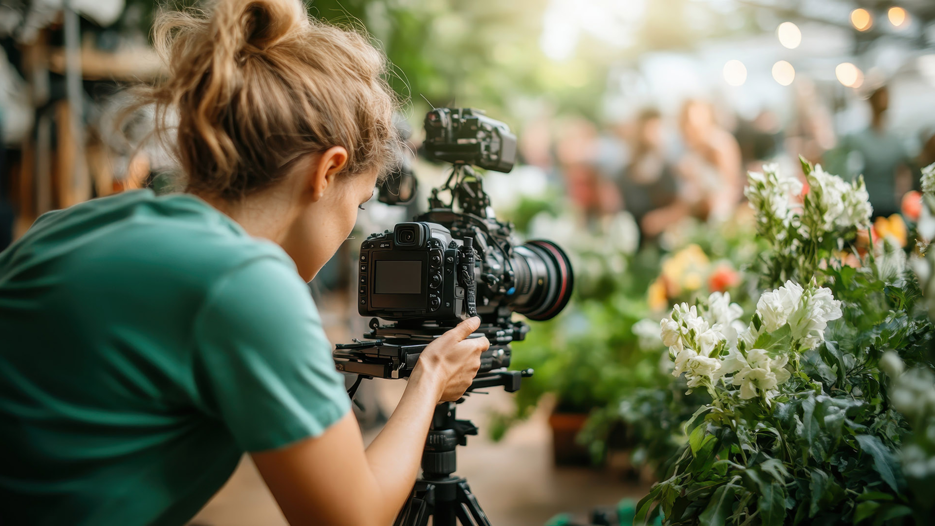 Frau filmt Pflanzen im Garten
